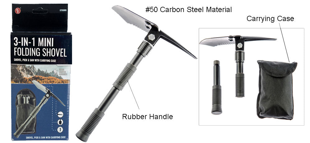 3-IN-1 Mini Folding Shovel- Shovel, Pick & Saw W/Carrying Case
