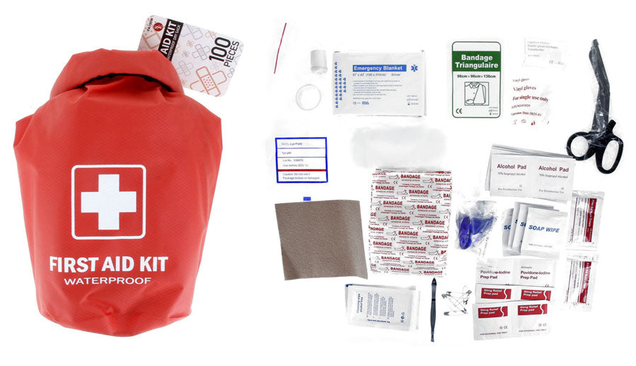 100 Piece First Aid Kit Stored in a Waterproof Red Dry Sack