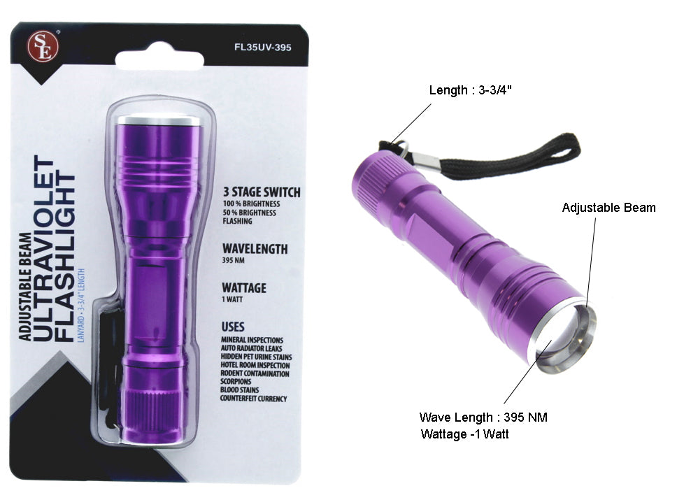 Adjustable Beam Ultraviolet Flashlight W/Lanyard