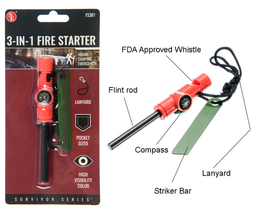 3-IN-1 Flint Fire Starter, Compass & Whistle