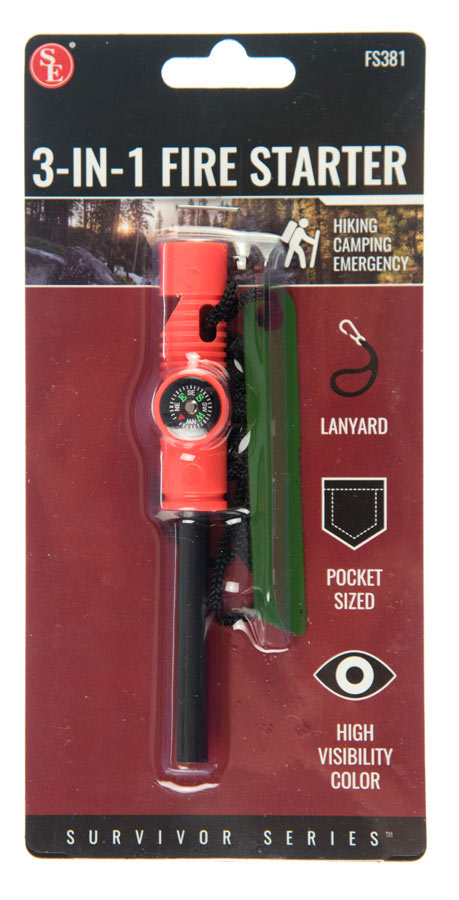 3-IN-1 Flint Fire Starter, Compass & Whistle