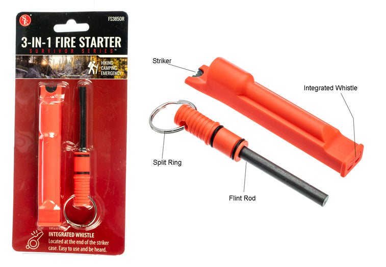 3-IN-1 Flint Fire Starter, Integrated Whistle & Spilt Ring- Orange Color