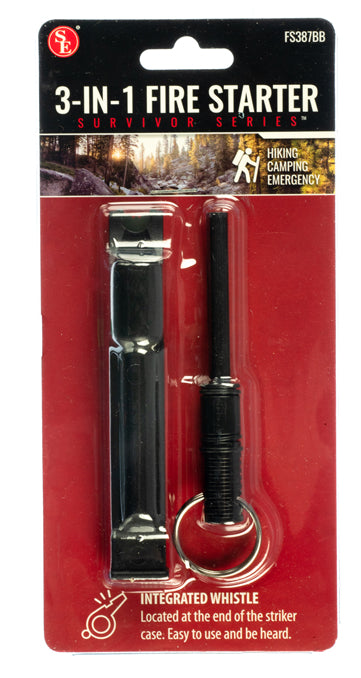 3-IN-1 Flint Fire Starter, Integrated Whistle & Spilt Ring- Black Color