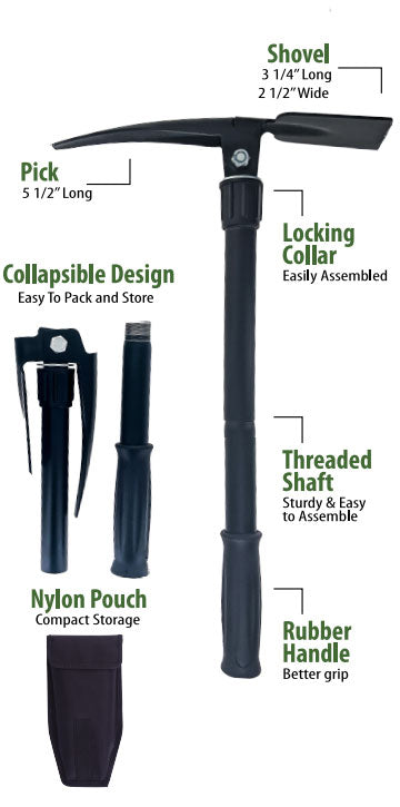 17-1/2" Compact Folding Prospector's/Camping Pick/Shovel with Carrying Case
