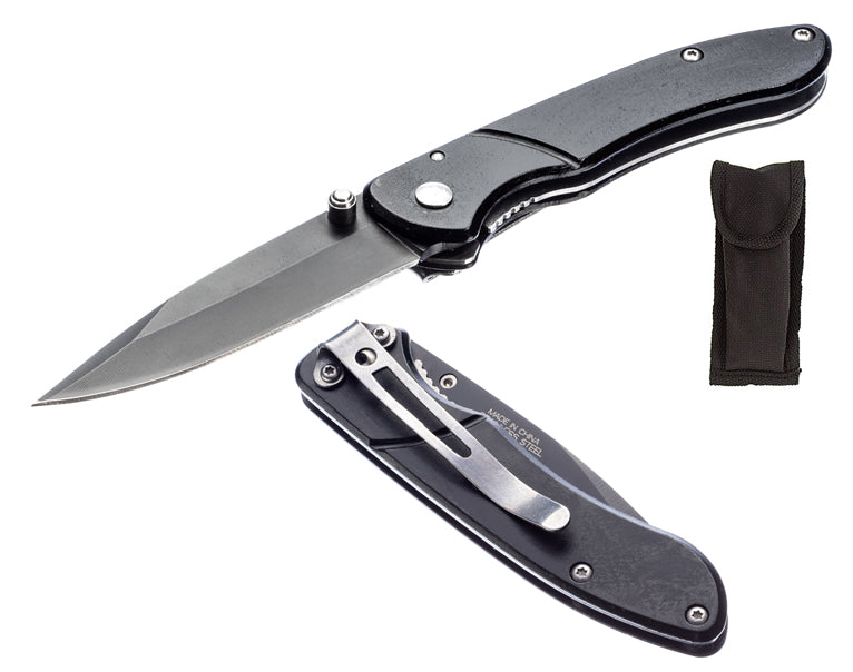3.3/4" Black Plain Blade Aluminum Body/Blade Pocket Knife W/Clip & Pouch