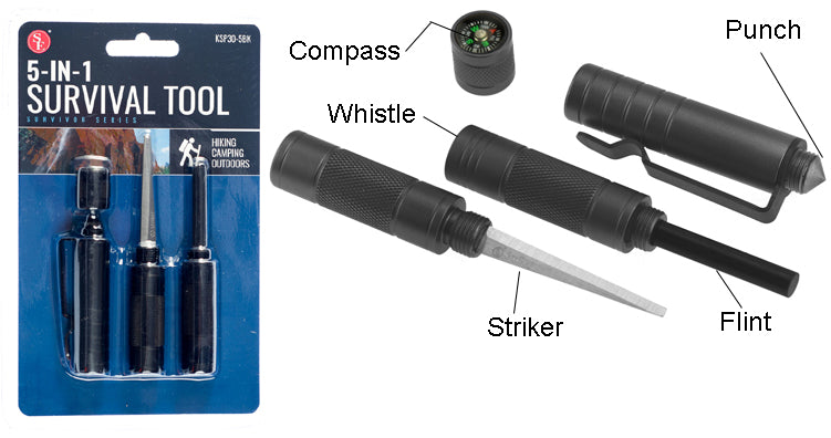 5-IN-1 Black Survival Tool (Compass,Punch,Striker,Flint & Whistle)