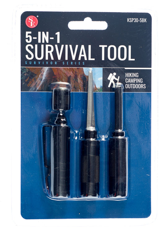 5-IN-1 Black Survival Tool (Compass,Punch,Striker,Flint & Whistle)