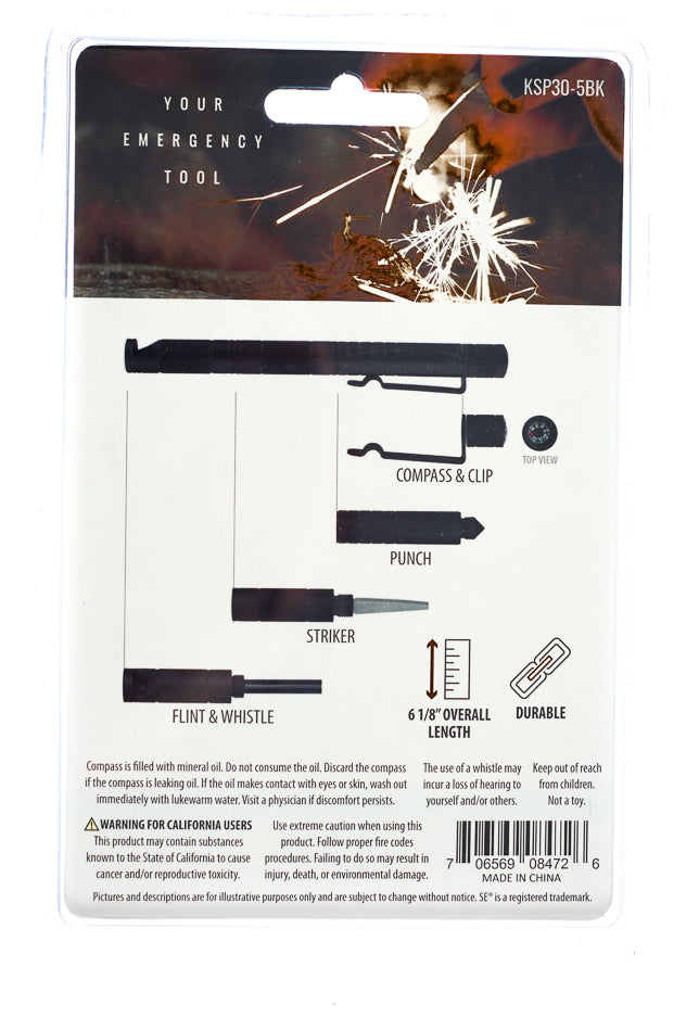 5-IN-1 Black Survival Tool (Compass,Punch,Striker,Flint & Whistle)