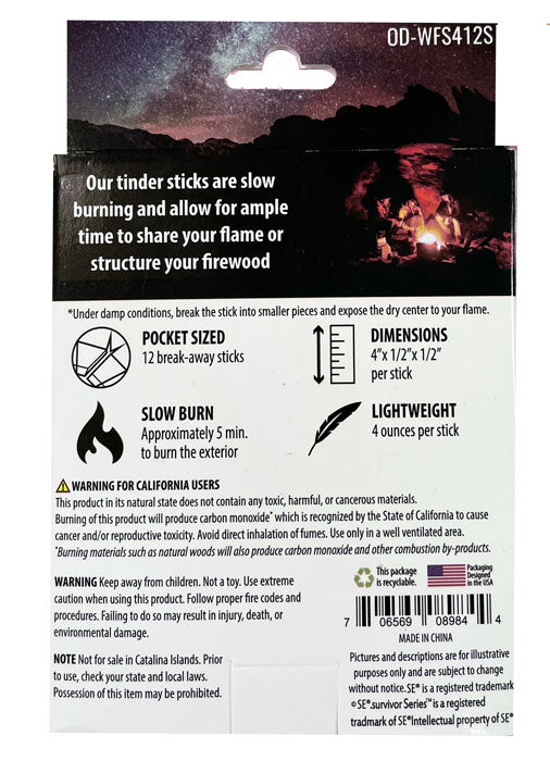 12 Pack Slow-Burn Water Resistant Tinder Sticks, Size 4"x1/2"x1/2