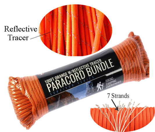 100' x 5/32" Orange with Reflective Tracer 7 Strand Paracord , Pull Strength 550 LBS
