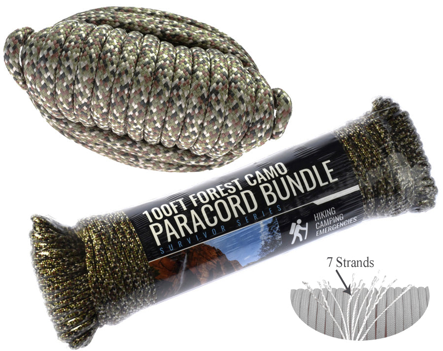 100' x 5/32" Forest Camouflage 7 Strand Paracord , Pull Strength 550 LBS