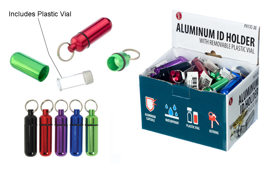 Aluminum ID Holder With Removable Plastic Vial & Key Ring, Assorted Colors