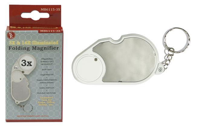 Prospector Keychains Dual Acrylic Lens Illuminated Folding Magnifier with Keychain 3x/14x ...