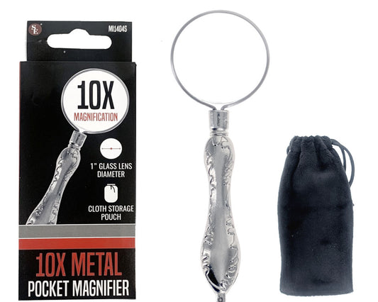 10x -1" Diameter Glass Lens Metal Handheld Magnifier with Cloth Storage Pouch