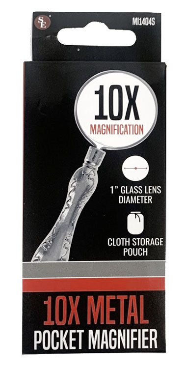 10x -1" Diameter Glass Lens Metal Handheld Magnifier with Cloth Storage Pouch
