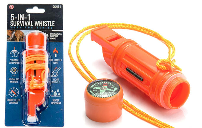 5-IN-1 Orange Survival Whistle With Compass, Signaling Mirror & Lanyard