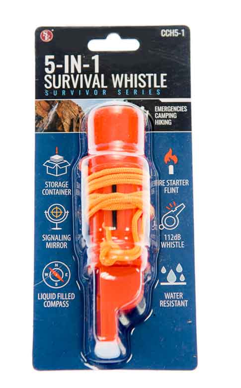 5-IN-1 Orange Survival Whistle With Compass, Signaling Mirror & Lanyard