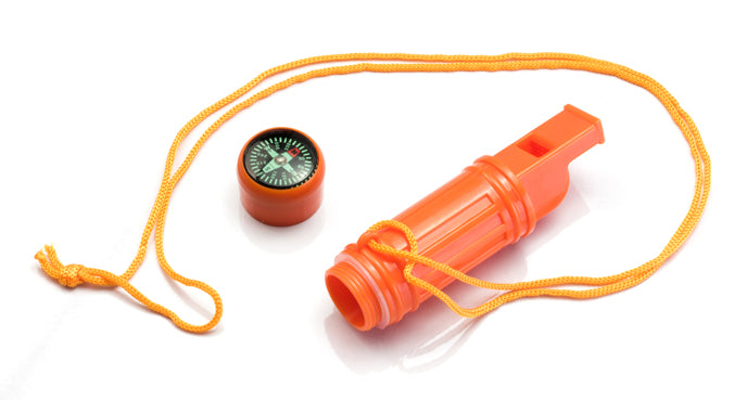 5-IN-1 Orange Survival Whistle With Compass, Signaling Mirror & Lanyard