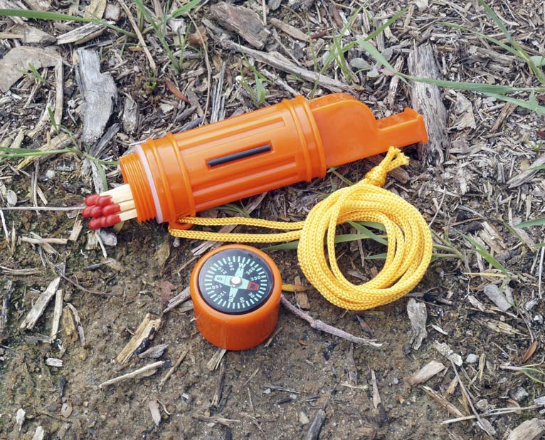 5-IN-1 Orange Survival Whistle With Compass, Signaling Mirror & Lanyard