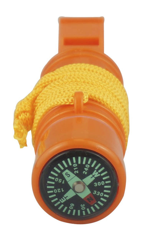 5-IN-1 Orange Survival Whistle With Compass, Signaling Mirror & Lanyard