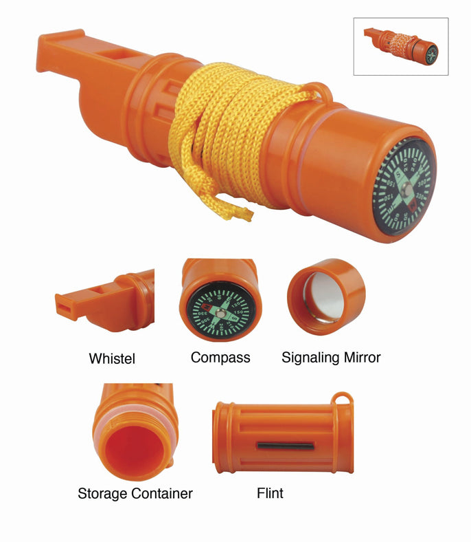 5-IN-1 Orange Survival Whistle With Compass, Signaling Mirror & Lanyard