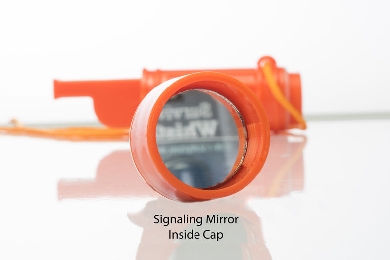 5-IN-1 Orange Survival Whistle With Compass, Signaling Mirror & Lanyard