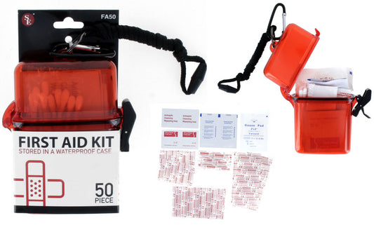 50Pc First Aid Kit Stored in a Waterproof Case W/5mm Carabineer & Lanyard