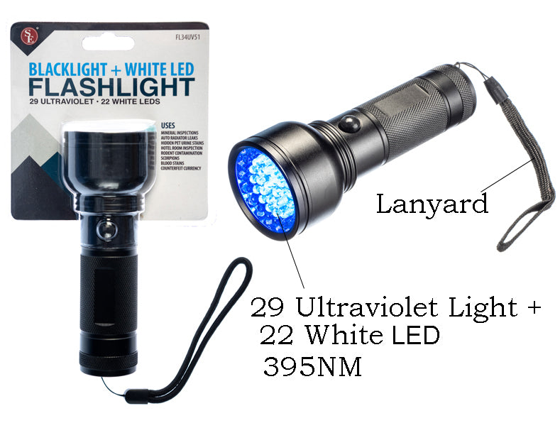 6"/51LED/2-IN-1 (29 UV & 22 White LED) Flashlight W/Lanyard