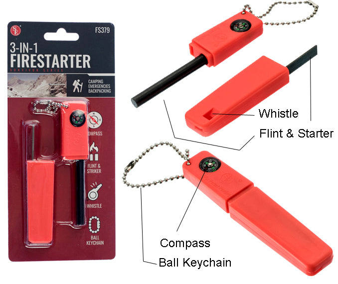 Prospector Keychains 3-IN-1 Firestarter With Ball Keychain (Compass,Flint,Striker & Whistle ...