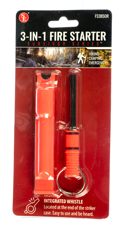3-IN-1 Flint Fire Starter, Integrated Whistle & Spilt Ring- Orange Color