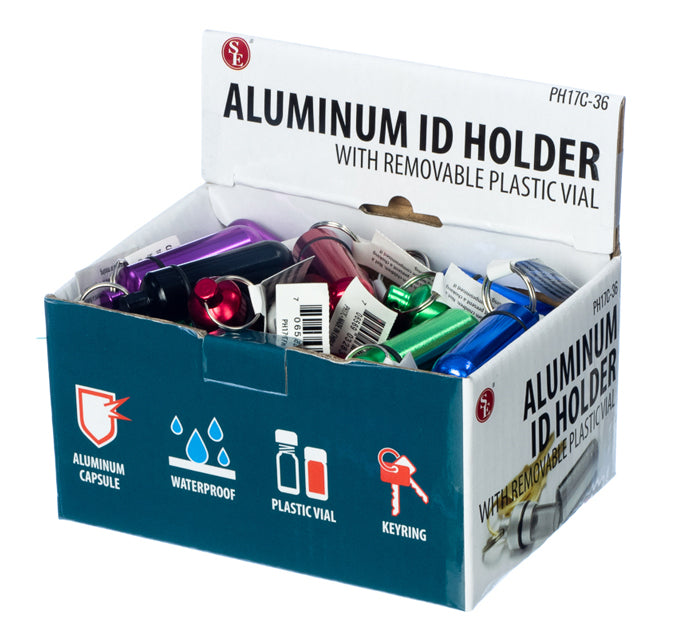 Aluminum ID Holder With Removable Plastic Vial & Key Ring, Assorted Colors